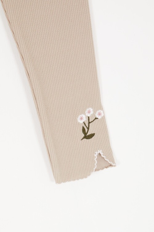 Krem Çiçek Nakışlı Fitilli Kız Çocuk Tayt 16992
