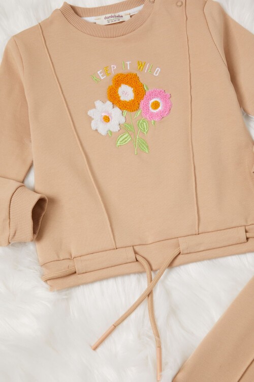 Krem Çiçek Nakışlı Kız Bebek Eşofman Takımı 17016