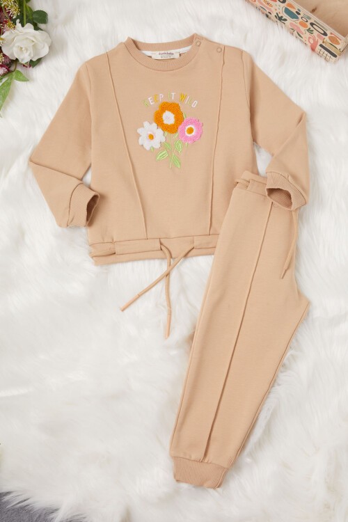 Krem Çiçek Nakışlı Kız Bebek Eşofman Takımı 17016