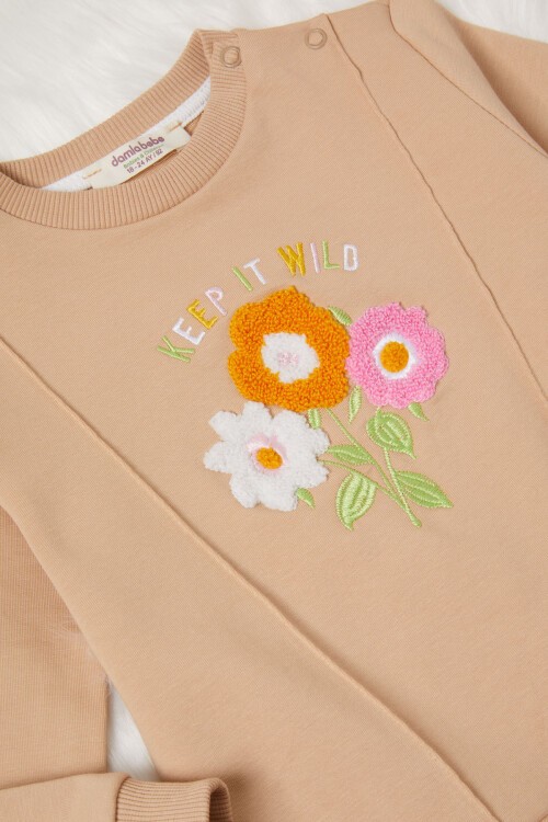 Krem Çiçek Nakışlı Kız Bebek Eşofman Takımı 17016