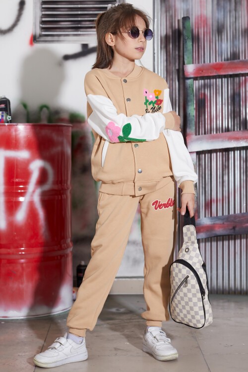 Krem Çiçekli Kolej Ceketli Kız Çocuk Şardonlu Eşofman Takımı 16820