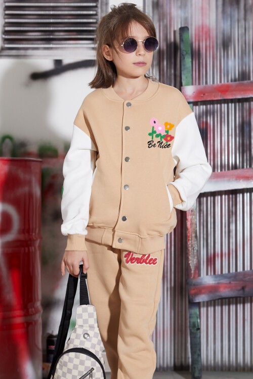 Krem Çiçekli Kolej Ceketli Kız Çocuk Şardonlu Eşofman Takımı 16820