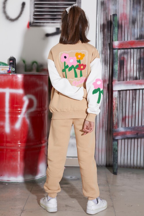 Krem Çiçekli Kolej Ceketli Kız Çocuk Şardonlu Eşofman Takımı 16820