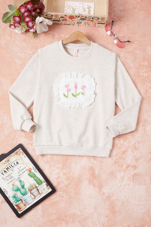 Krem Dantelli Lale Nakışlı Kız Çocuk Sweatshirt 16767