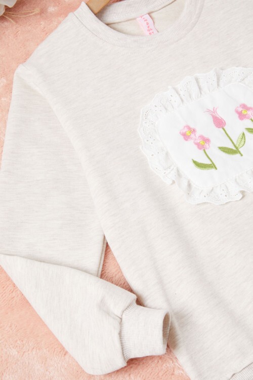 Krem Dantelli Lale Nakışlı Kız Çocuk Sweatshirt 16767