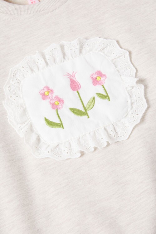 Krem Dantelli Lale Nakışlı Kız Çocuk Sweatshirt 16767