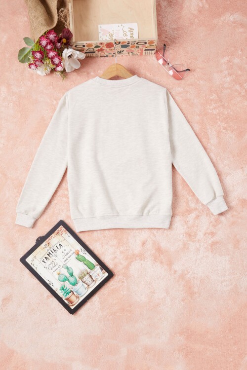 Krem Dantelli Lale Nakışlı Kız Çocuk Sweatshirt 16767