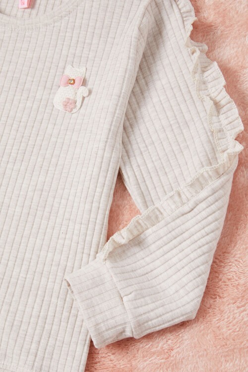 Krem Fırfırlı Kedi Nakışlı Kız Çocuk Badi 16578