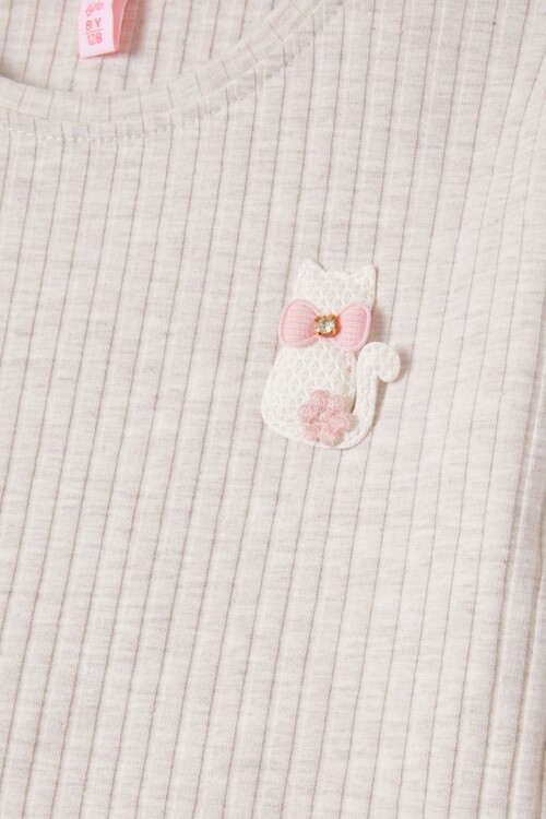 Krem Fırfırlı Kedi Nakışlı Kız Çocuk Badi 16578