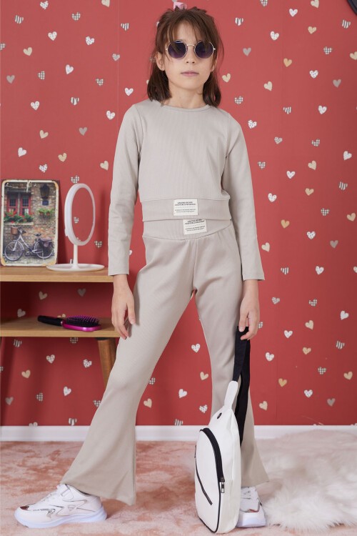 Krem Fitilli İspanyol Paça Kız Çocuk Crop Takım 17259