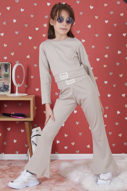 Krem Fitilli İspanyol Paça Kız Çocuk Crop Takım 17259