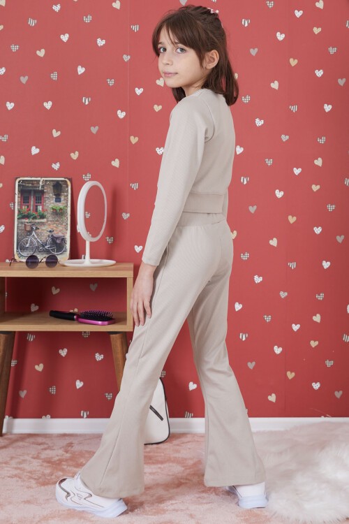 Krem Fitilli İspanyol Paça Kız Çocuk Crop Takım 17259