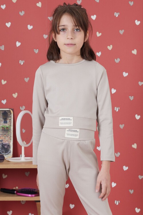 Krem Fitilli İspanyol Paça Kız Çocuk Crop Takım 17259