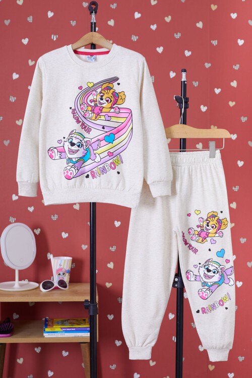 Krem Gökkuşağı Baskılı Şardonlu Kız Çocuk Eşofman Takımı 17345