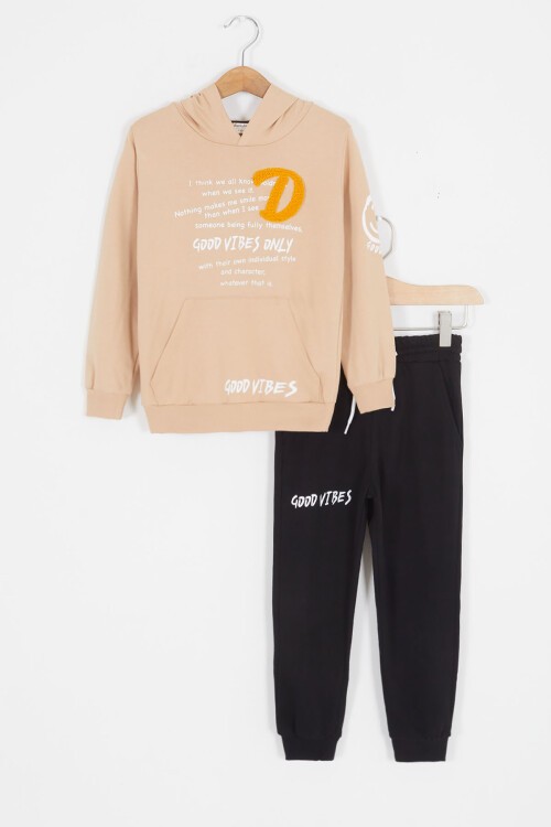 Krem Good Vibes Yazılı Kapüşonlu Erkek Çocuk Eşofman Takımı 16792