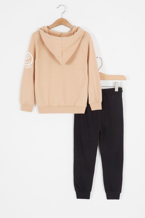 Krem Good Vibes Yazılı Kapüşonlu Erkek Çocuk Eşofman Takımı 16792
