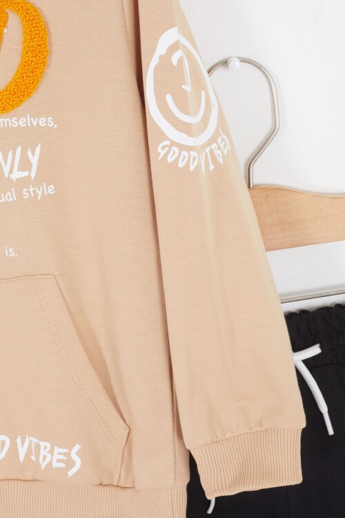 Krem Good Vibes Yazılı Kapüşonlu Erkek Çocuk Eşofman Takımı 16792