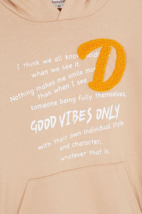 Krem Good Vibes Yazılı Kapüşonlu Erkek Çocuk Eşofman Takımı 16792