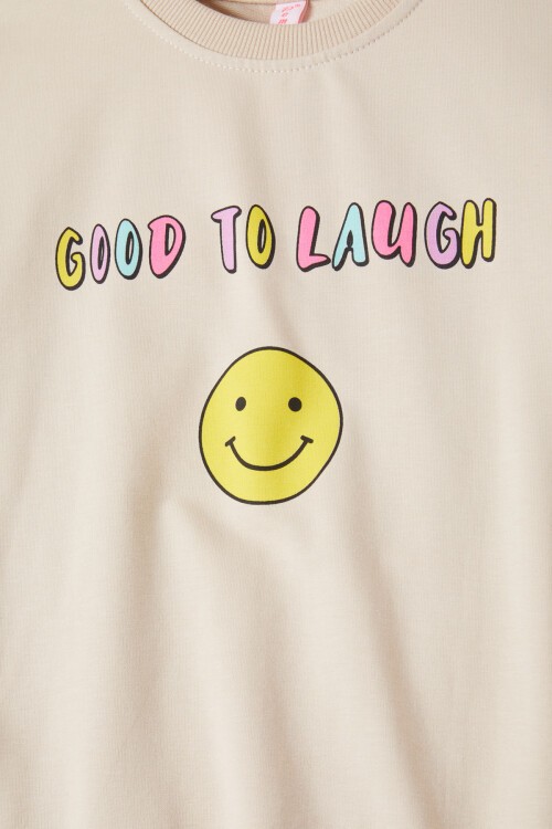 Krem Gülen Yüz Sırtı Baskılı Kız Çocuk Sweatshirt 16705