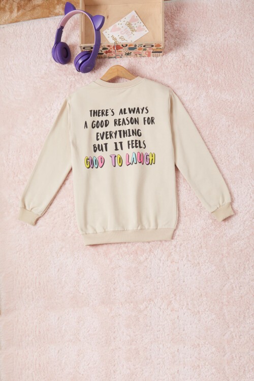 Krem Gülen Yüz Sırtı Baskılı Kız Çocuk Sweatshirt 16705
