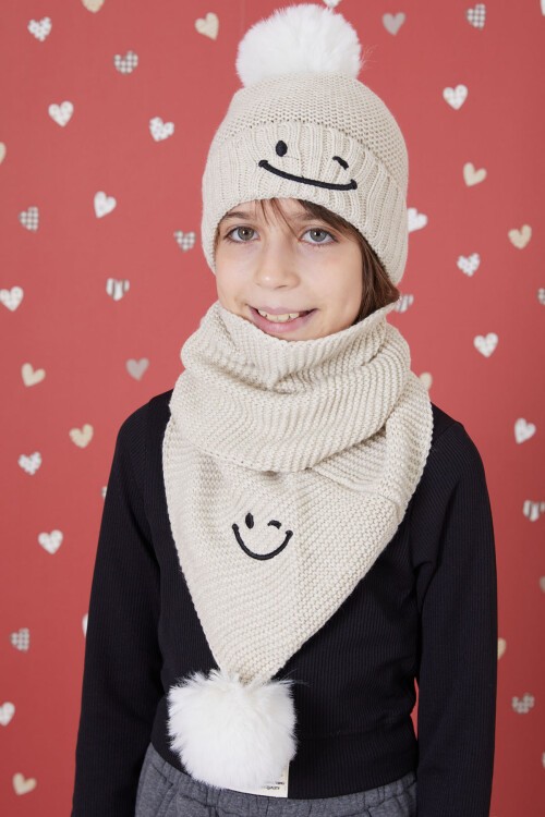 Krem Gülenyüz Nakışlı Ponponlu Kız Çocuk Atkı Bere Seti 17304