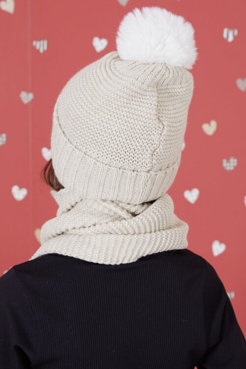 Krem Gülenyüz Nakışlı Ponponlu Kız Çocuk Atkı Bere Seti 17304