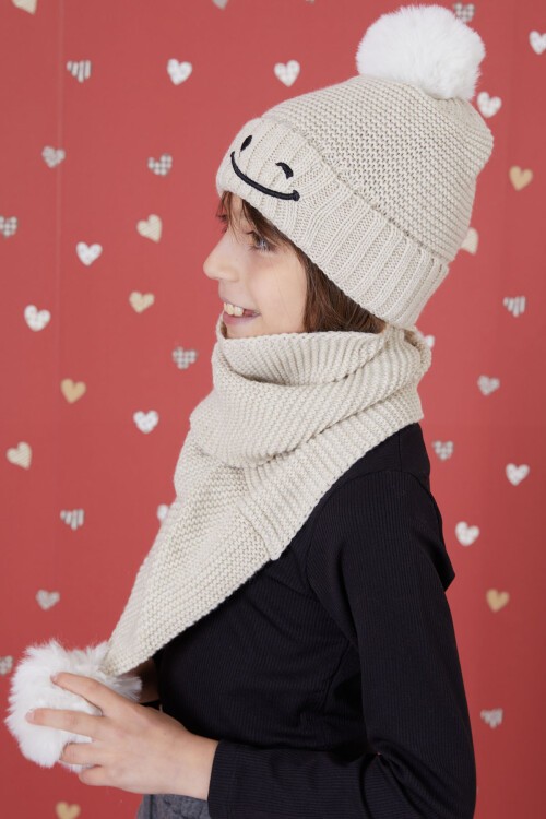 Krem Gülenyüz Nakışlı Ponponlu Kız Çocuk Atkı Bere Seti 17304