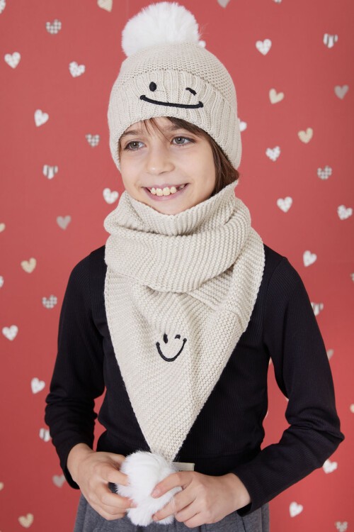 Krem Gülenyüz Nakışlı Ponponlu Kız Çocuk Atkı Bere Seti 17304