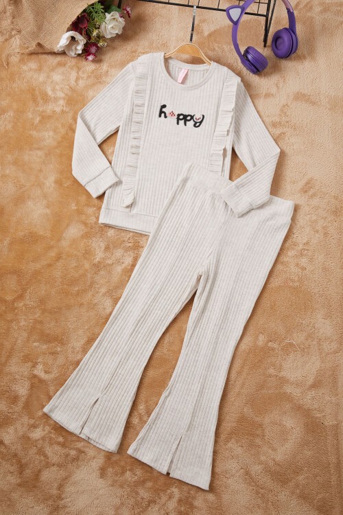 Krem Happy Yazılı Fırfırlı Kız Çocuk Takımı 16719