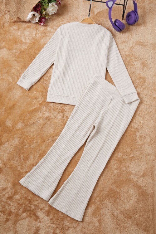 Krem Happy Yazılı Fırfırlı Kız Çocuk Takımı 16719