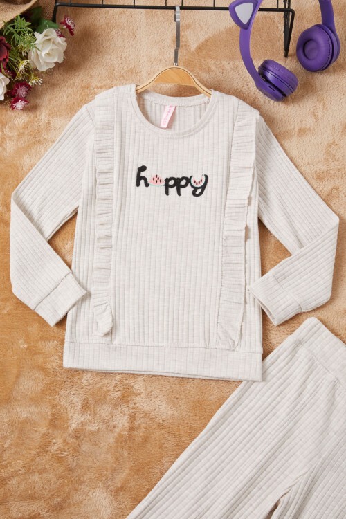 Krem Happy Yazılı Fırfırlı Kız Çocuk Takımı 16719