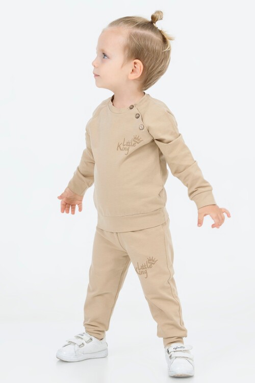 Krem Little King Baskı Erkek Bebek Takım 16623