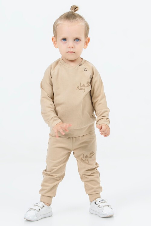 Krem Little King Baskı Erkek Bebek Takım 16623