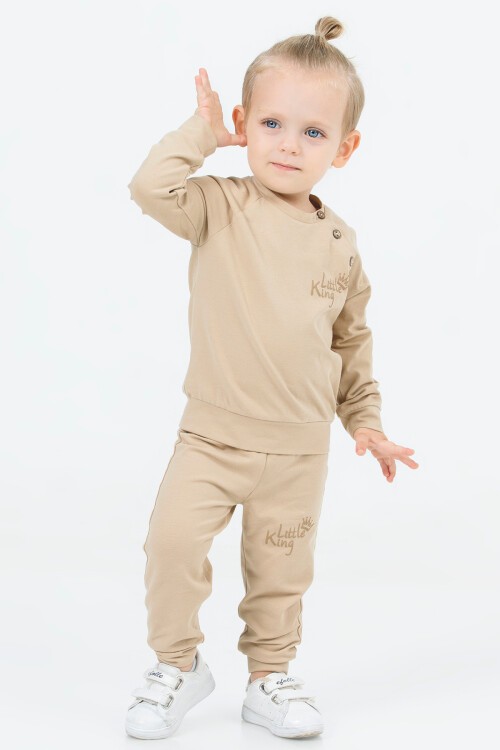 Krem Little King Baskı Erkek Bebek Takım 16623