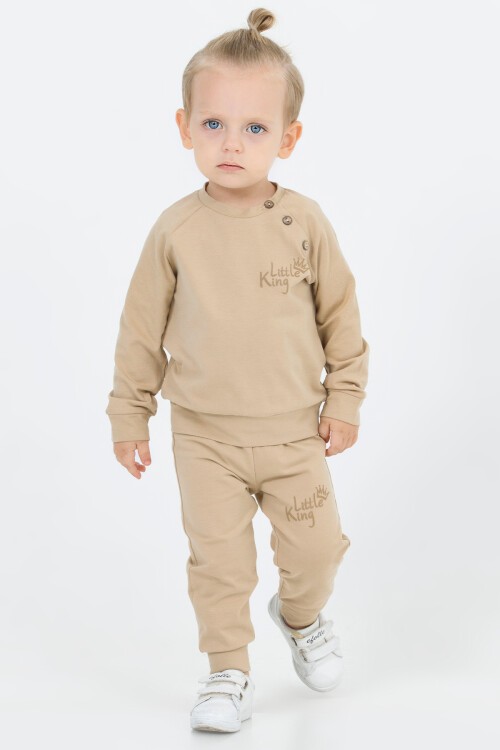 Krem Little King Baskı Erkek Bebek Takım 16623