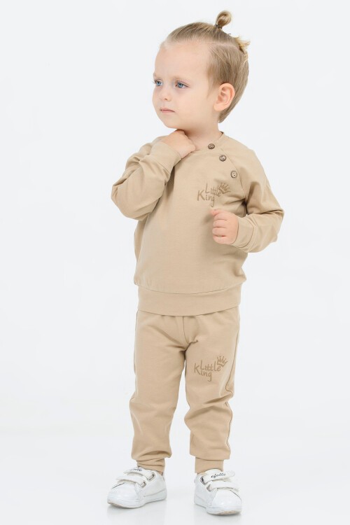 Krem Little King Baskı Erkek Bebek Takım 16623