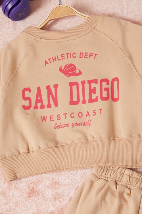 Krem Los Angeles Sırt Baskılı Yırtmaçlı Kız Çocuk Eşofman Takımı 16712