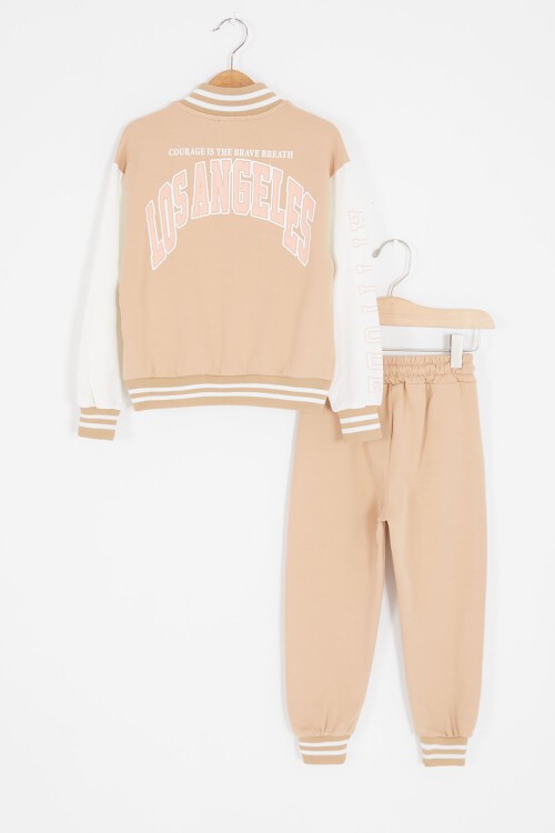 Krem NY Nakışlı Sırt Baskılı Kız Çocuk Kolej Takımı 16937