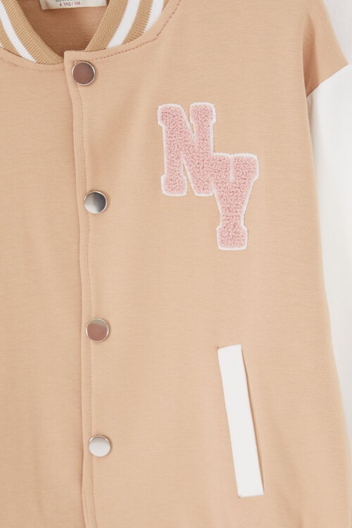 Krem NY Nakışlı Sırt Baskılı Kız Kolej Eşofman Takımı 17008