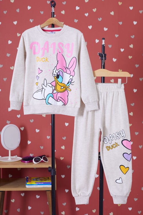 Krem Ördek Baskılı Şardonlu Kız Çocuk Eşofman Takımı 17351