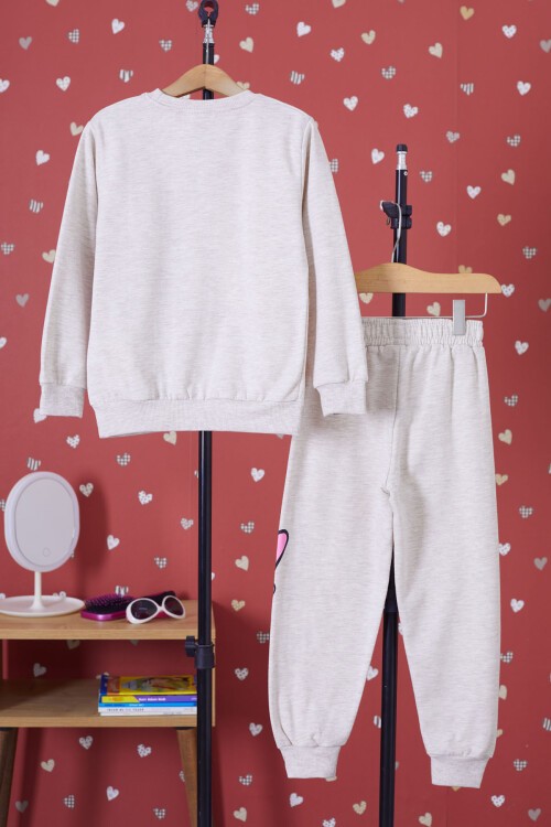 Krem Ördek Baskılı Şardonlu Kız Çocuk Eşofman Takımı 17351