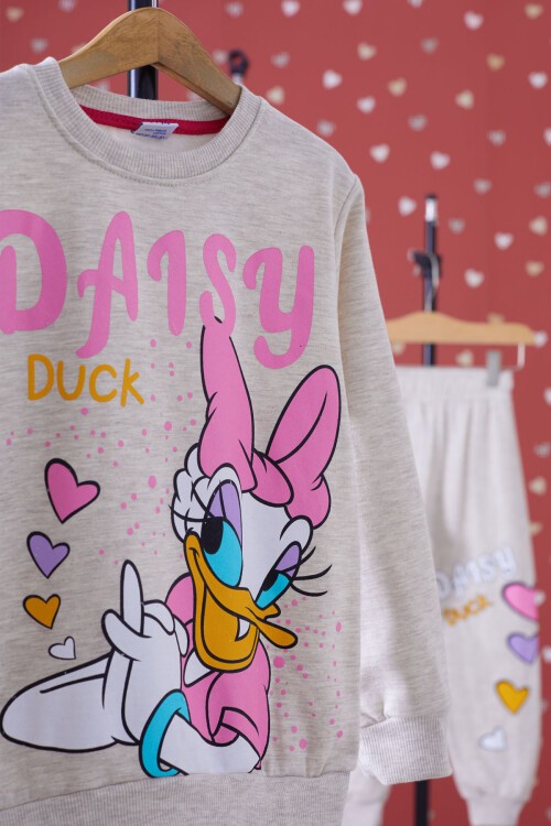 Krem Ördek Baskılı Şardonlu Kız Çocuk Eşofman Takımı 17351