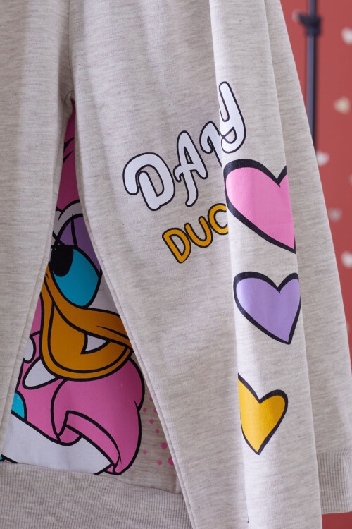 Krem Ördek Baskılı Şardonlu Kız Çocuk Eşofman Takımı 17351