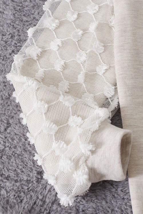 Krem Papatya Nakışlı Kolları Dantelli Kız Çocuk Sweatshirt 17165