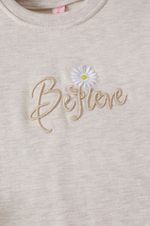 Krem Papatya Nakışlı Kolları Dantelli Kız Çocuk Sweatshirt 17165