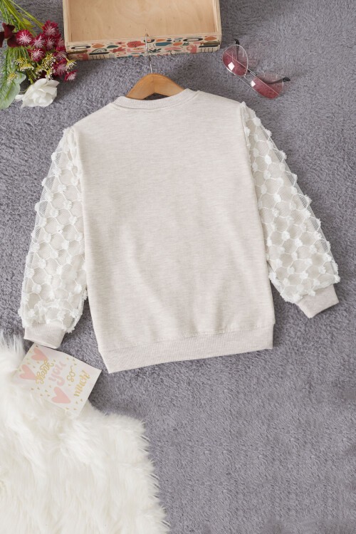 Krem Papatya Nakışlı Kolları Dantelli Kız Çocuk Sweatshirt 17165