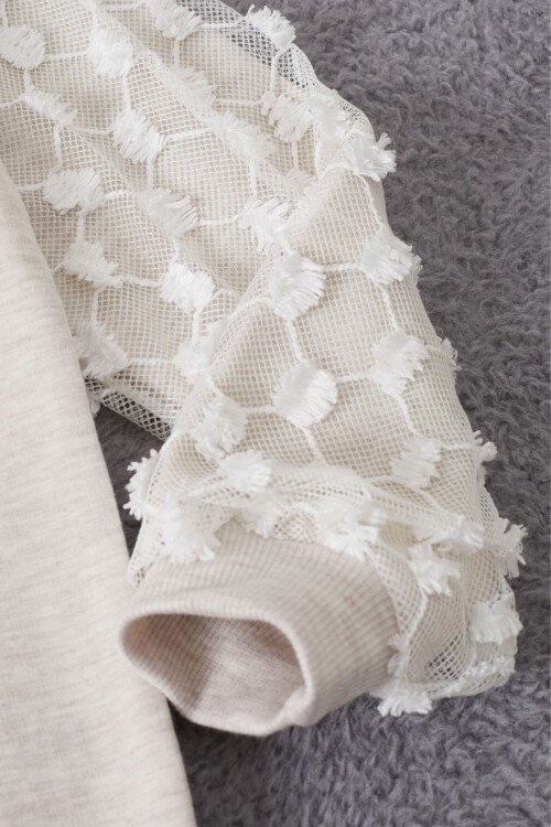 Krem Papatya Nakışlı Kolları Dantelli Kız Çocuk Sweatshirt 17165