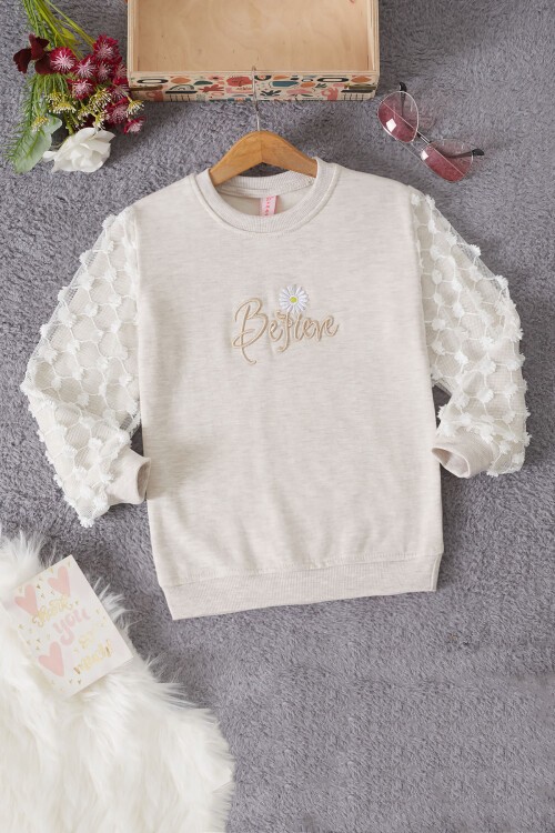 Krem Papatya Nakışlı Kolları Dantelli Kız Çocuk Sweatshirt 17165