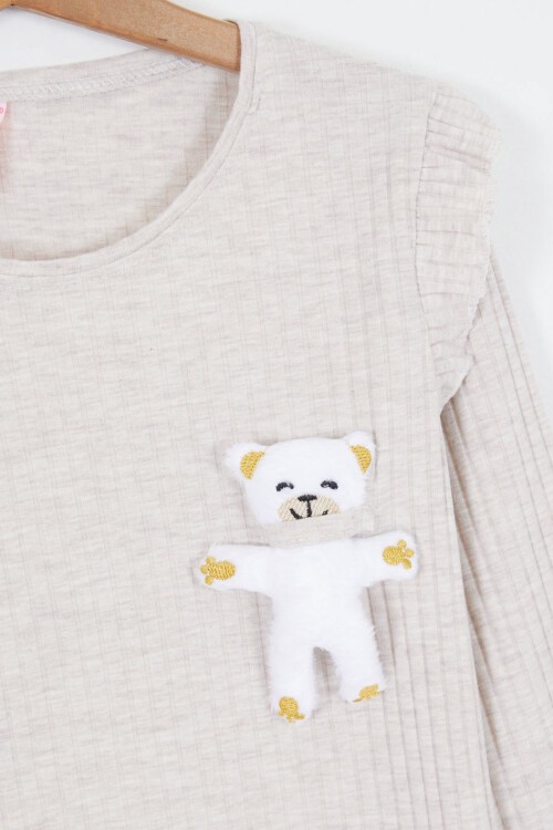 Krem Peluş Ayıcıklı Fırfırlı Kız Çocuk Takım 16955