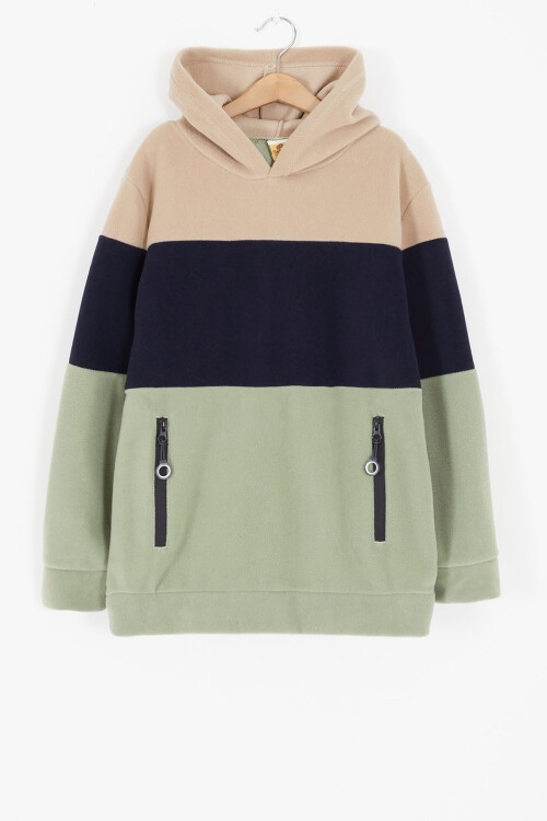 Krem Renk Bloklu Polarlı Kapüşonlu Unisex Çocuk Sweatshirt 16906